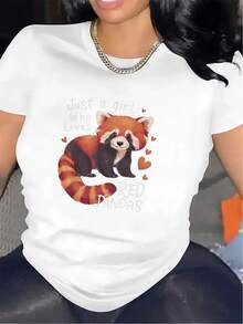 Camiseta de poliéster con estampado de panda rojo, adecuada para uso casual en la sala de estar; la tela es duradera y cómoda, lo que la convierte en un regalo ideal para amantes de los animales; ligera y transpirable, adecuada para uso diario y actividades al aire libre. - Blanco - Ver 1