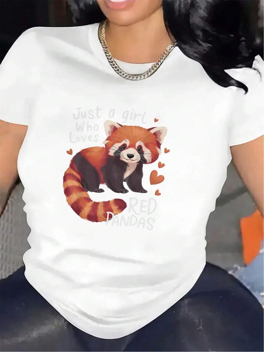Camiseta de poliéster con estampado de panda rojo, adecuada para uso casual en la sala de estar; la tela es duradera y cómoda, lo que la convierte en un regalo ideal para amantes de los animales; ligera y transpirable, adecuada para uso diario y actividades al aire libre. - Blanco - Ver 1