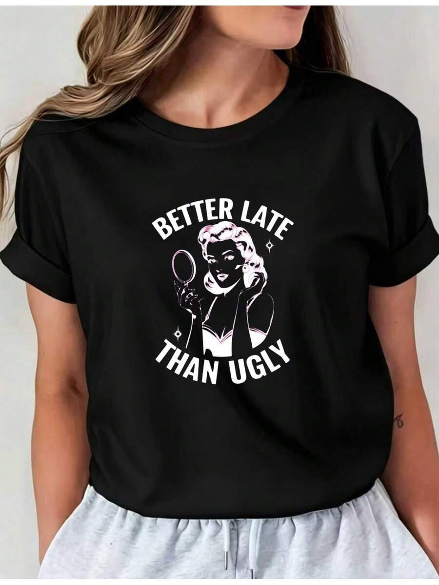 Ligero1pc Camiseta de manga larga para mujer, corte regular, estilo vintage, estampada con el texto "Better Late Than Ugly" y diseño clásico con imágenes de Fe, estilo streetwear, diseño juvenil, Comfpi01, top casual de cuello redondo, ropa cómoda para mujer, Verano. - Negro - Ver 1