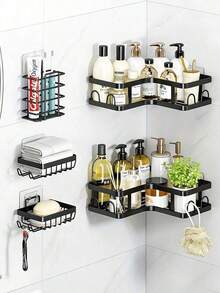 No-Drill Adhesive 5-Piece Corner Bathroom Shelf Set – Large Capacity, Space-Saving Storage Rack Available In Two Colors (Black/White), Includes A Soap Dish, Toothbrush Holder, And Hooks. Waterproof And Rustproof, Suitable For Kitchens, Dining Rooms, Parties, And Makes A Great Gift For Friends And Family, Christmas Decoration, Home Décor, Valentine's Day Gift, Family Gift, And Room Decor. - 白色 - 查看 10
