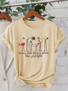 New Fashionable Women's Crew Neck T-Shirt, Modern And Minimalist Style, Short Sleeve T-Shirt With "Everything Will Be Alright" Print, Healer Bird Design, Crew Neck, Casual Fashion, For Work And Everyday Wear, Retro Style For Autumn And Winter. Cool, Cute, And Stylish Women's Top, Sporty Style, Cotton Crew Neck T-Shirt. Versatile Design, Casual For Everyday Wear, Perfect For Summer. - 杏色 - 查看 11