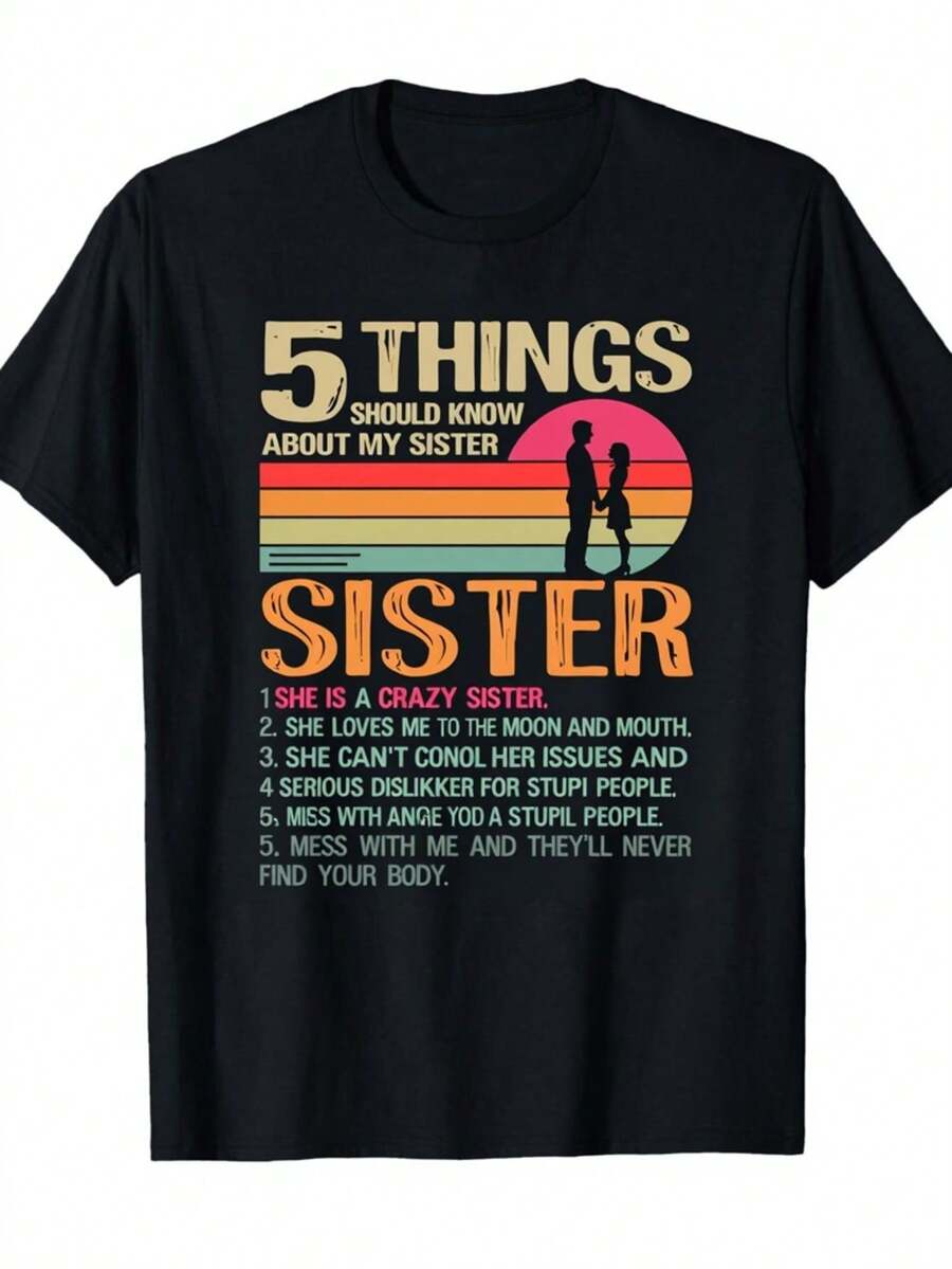 Camiseta "5 cosas sobre mi hermana" - Frases divertidas de hermanos y hermanas con diseño vintage de sol, unisex, camiseta casual de manga corta con cuello redondo, tela ligeramente elástica, adecuada para playa, camping, conjuntos de primavera, ropa de regalo para hermanos y hermanas.