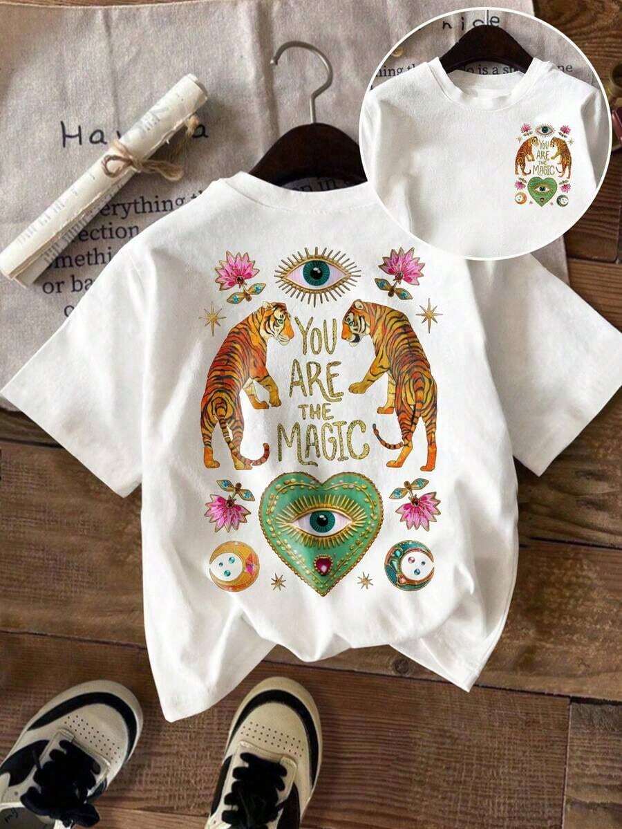 New Women's Summer Casual T-Shirt, Round Neck, Short Sleeve, White - Urban Vintage Style, Unisex, Loose Fit, Cotton, Short Sleeve, Round Neck - 白色 - 查看 1