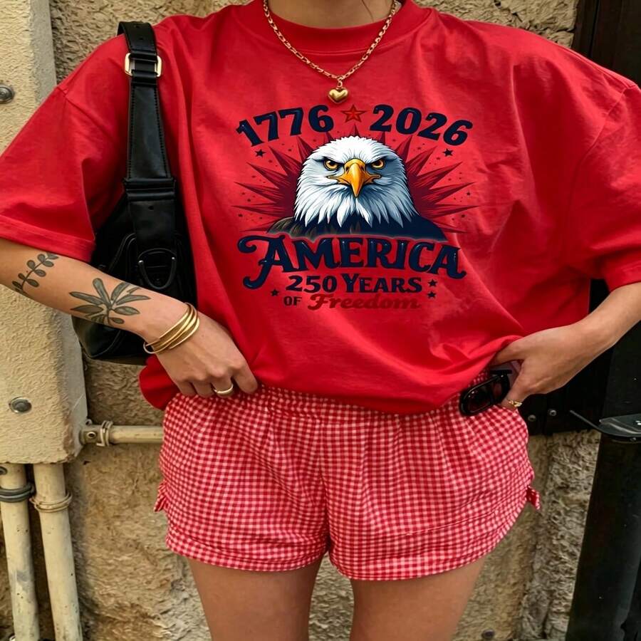 Heartfelt Daily Casual Graphic T-Shirt 100% Cotton Oversized Soft Breathable Casual Crewneck Short Sleeve Top Vintage Aesthetic Red White Checkered Shorts Patriotic Eagle Design For Casual Wearers Fashion Lovers Daily Outfit Enthusiasts Gift Givers - 紅色 - 查看 1
