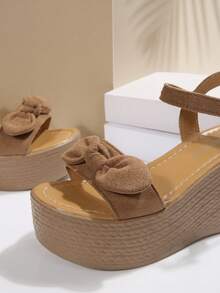 Plus Size Bow Decor Wedge Sandals, Open Toe Ankle Strap Casual Summer Shoes - Beige - View 5