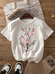 ¡Oferta por tiempo limitado, unidades limitadas,  relámpago! Camisas casuales para mujer, camisetas de poliéster para mujer, camisas elegantes.Camiseta romántica con estampado de flor de cerezo, camisa casual de manga corta y cuello redondo, adecuada para primavera y verano, ropa de mujer. - Blanco - Ver 7