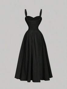 MOD Vestido de longitud media con cordón ajustable de unicolor para mujer - Negro - Ver 4