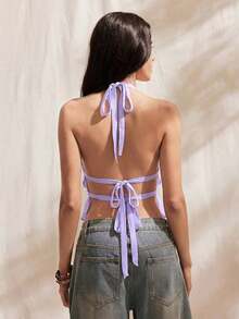 Camiseta de tirantes con cuello halter, volantes en el bajo y lazo en la espalda, color rojo vino para mujer - Lila Púrpura - Ver 2