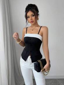 Top de tirantes de mujer con detalles de botones y contraste de color - Blanco y Negro - Ver 6
