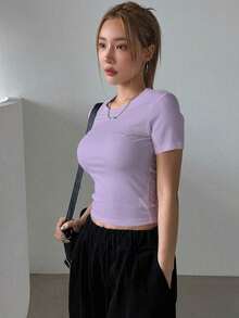 Camiseta Casual De Manga Corta Con Cuello Redondo Y unicolor Para Mujer En Verano - Morado - Ver 3