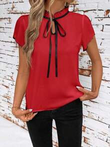 Camisa de mujer de manga corta, con lazo, volantes, a cuadros, elegante y casual para vacaciones y picnic, primavera/verano - Rojo - Ver 3
