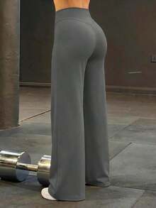 Pantalones deportivos de cintura alta minimalistas para mujer, con piernas anchas, para fitness y running.Leggings casuales cómodos, con gran elasticidad y acampanados, ideales para yoga y uso diario. - Gris - Ver 3
