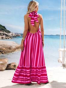 Vestido de mujer con tirantes de espagueti con estampado de rayas tejidas, ropa de verano, Día de San Valentín, atuendos de vacaciones para mujer, atuendos de playa para mujer, festival, romántico, bohemio, BOHO, dulce, atuendos de rave festiva - Rosa - Ver 2