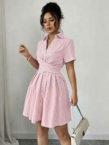Women's Summer Shirt Dress, V-Neck, Raglan Sleeves, Crossover Waist Tie, Pink Stripes - 紅色 - 查看 3