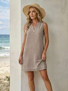 Vestido corto de verano casual y suelto con cuello en V y sin mangas para mujer - Marrón 2 - Ver 1