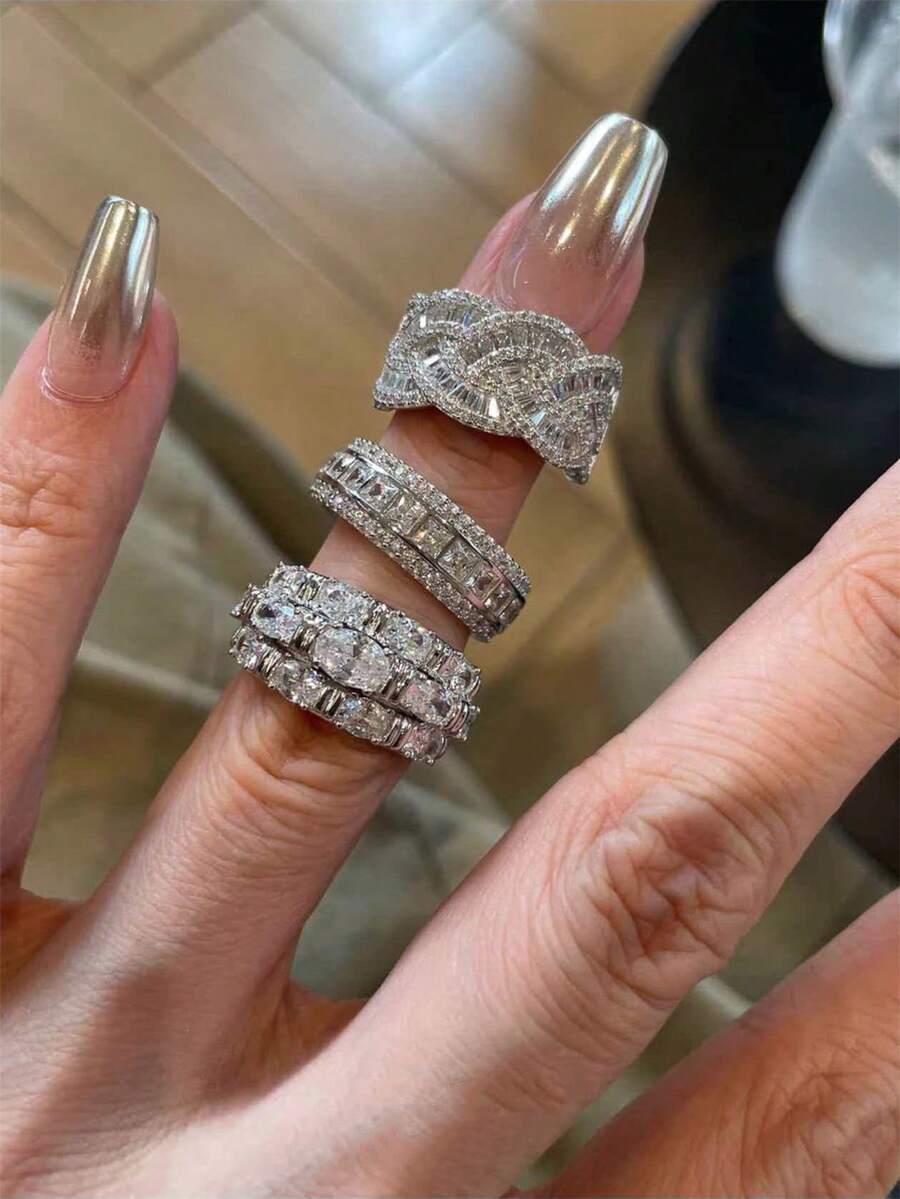 奢華閃耀全鋯石開口戒指附禮盒，適合女性日常與婚禮佩戴，送禮首選 - 銀色 - 查看 1