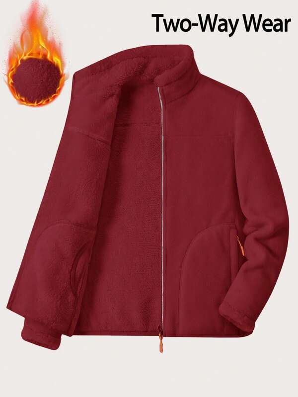 GRIM PANDA Women's Reversible Fleece Jacket, Double-Sided Fleece Soft Shell Coat With Zipper Pockets, Stand Collar Fleece Sports Red Fall