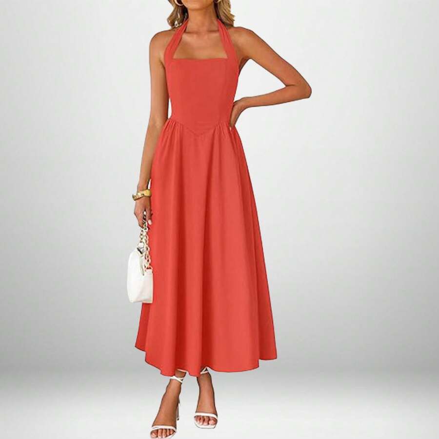 Women's Beige Corset Spaghetti Strap Midi Dress, Sweetheart Neck A-Line Flare Dress, Elegant Bridesmaid & Wedding Guest Dress - 29325-西瓜紅 - 查看 1