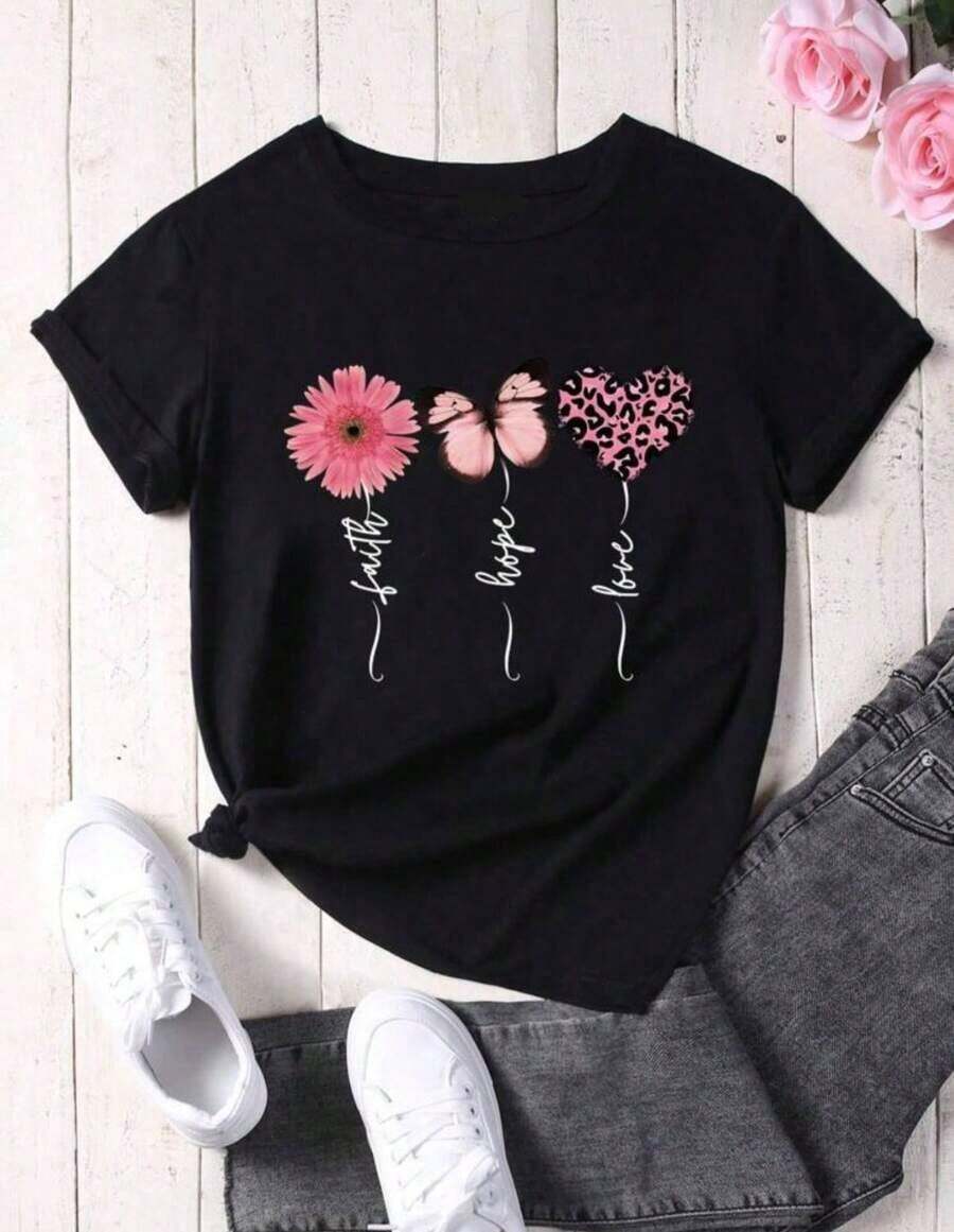 This Casual T-Shirt Features A Simple Print, A Round Neck, And Short Sleeves. The Classic, Basic Design Is Universally Flattering, And The Loose, Relaxed Fit Feels Comfortable And Breathable. The Fine, Soft Texture Is Soft Against The Skin And Breathable, So It Won't Pill Or Lose Its Shape Over Time. The Subtle, Elegant Print Design Is A Must-Have For Summer. This Versatile Piece Pairs Perfectly With All Kinds Of Bottoms-You Can't Go Wrong. - 黑色 - 查看 1