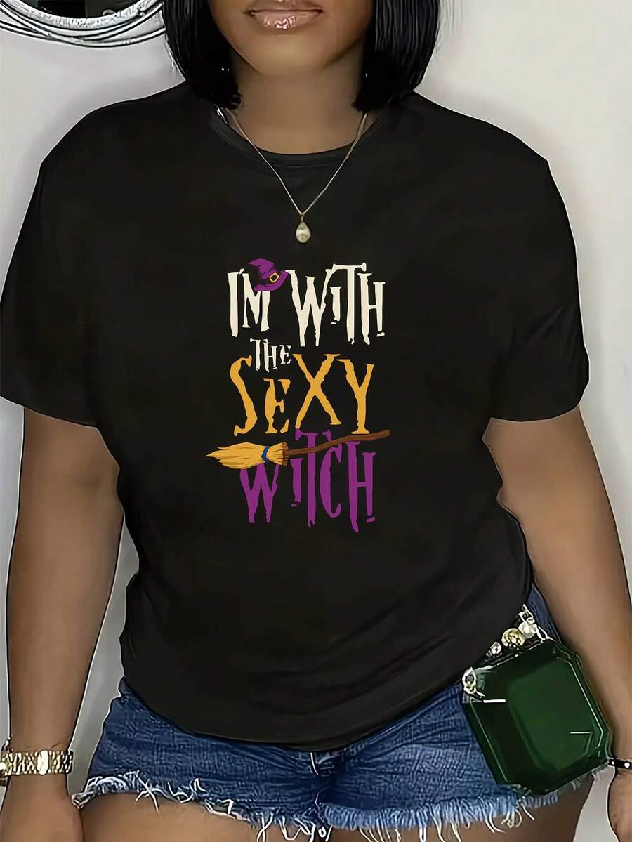 Plus Size - Women's "I'm A Sexy Witch" Print T-Shirt - Casual Short-Sleeve Crew Neck T-Shirt With Geometric Pattern, Semi-Sheer White T-Shirt, Suitable For Spring And Summer, Machine Washable, Regular Fit, Simple Design, Easy Care, Summer Wear, Casual Wear. | Easily Design T-Shirts | Machine Washable Tops, Women's T-Shirts, Suitable For Halloween. - 黑色 - 查看 1