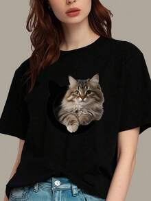 Camisetas Para Mujer AlgodónCamiseta Casual para Mujer con Impresión de Gato Realista, Perfecta para Uso Diario o Regalo para Amantes de los Gatos, Disponible en Tamaño M y Color Negro, Categoría Ropa de Moda, Popular entre Jóvenes y Adultos mundial 2026 - Negro - Ver 6