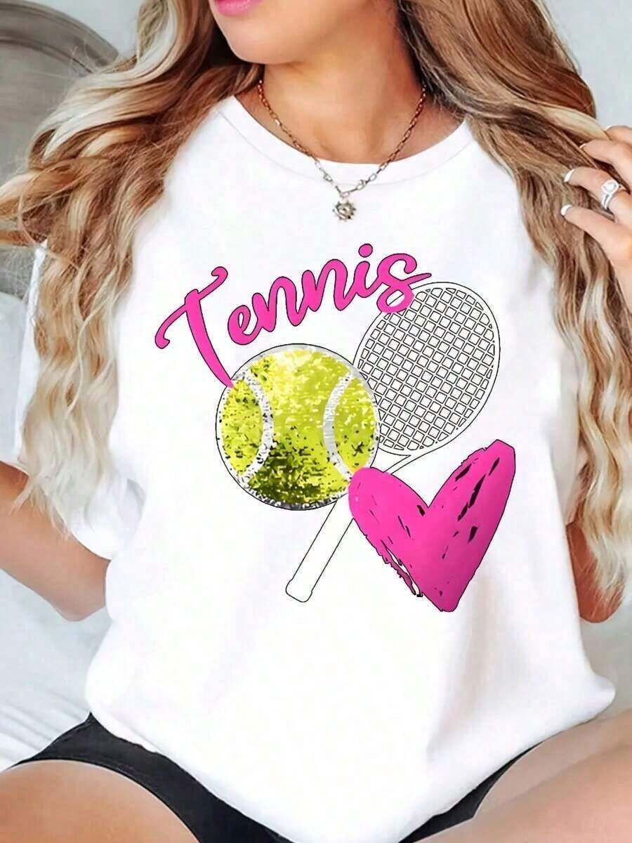 100% Cotton. Black Raglan T-Shirt With Tennis Racket, Ball, And Heart Print For Sports Enthusiasts. Soft. Women's Simple Solid Color T-Shirt, Loose And Slim Fit Casual Short Sleeve - 白色的 - 查看 1