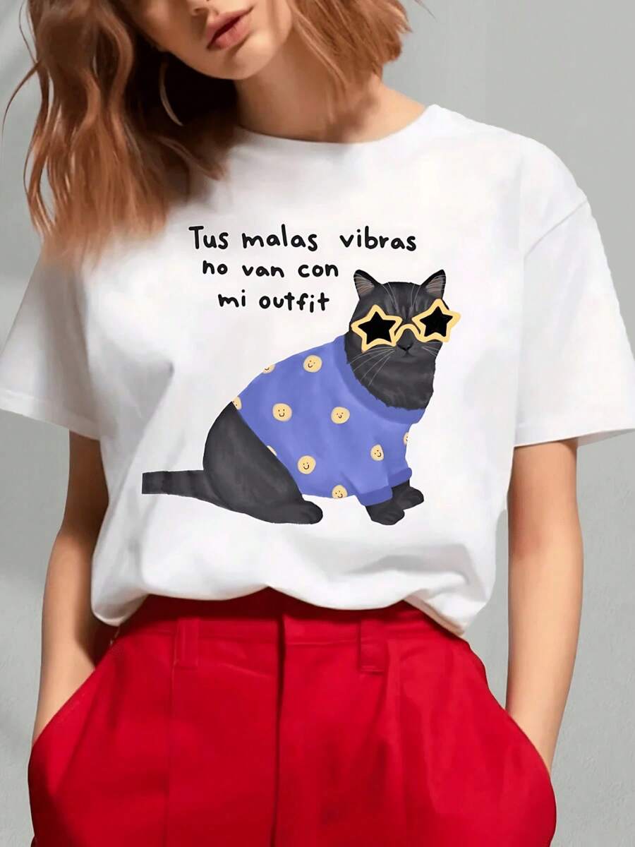 Playera mujer algodón 100% estampado gato divertido con gafas estrella y texto positivo, cuello redondo casual, diseño único y cómodo para uso diarioPure-Cotton - Blanco - Ver 1