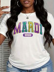 Women's White Mardi Gras Sparkling Sequin T-Shirt For Party, Carnival, Festival Wear - Urban Vintage Style, Unisex, Loose Fit, Cotton, Short Sleeve, Round Neck, 100% Cotton - 白色 - 查看 3