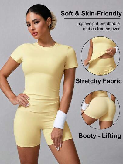 Women's Simple Solid Color Short Sleeve Shorts Sports Suit Summer