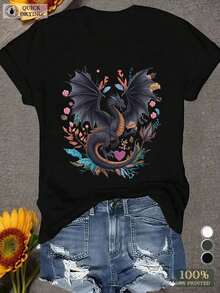 Camiseta de manga corta con cuello redondo y estampado para mujer Dragón con Flores y Corazón S-3XL moda, cómodo y transpirable uni lavable a máquina - Negro - Ver 2