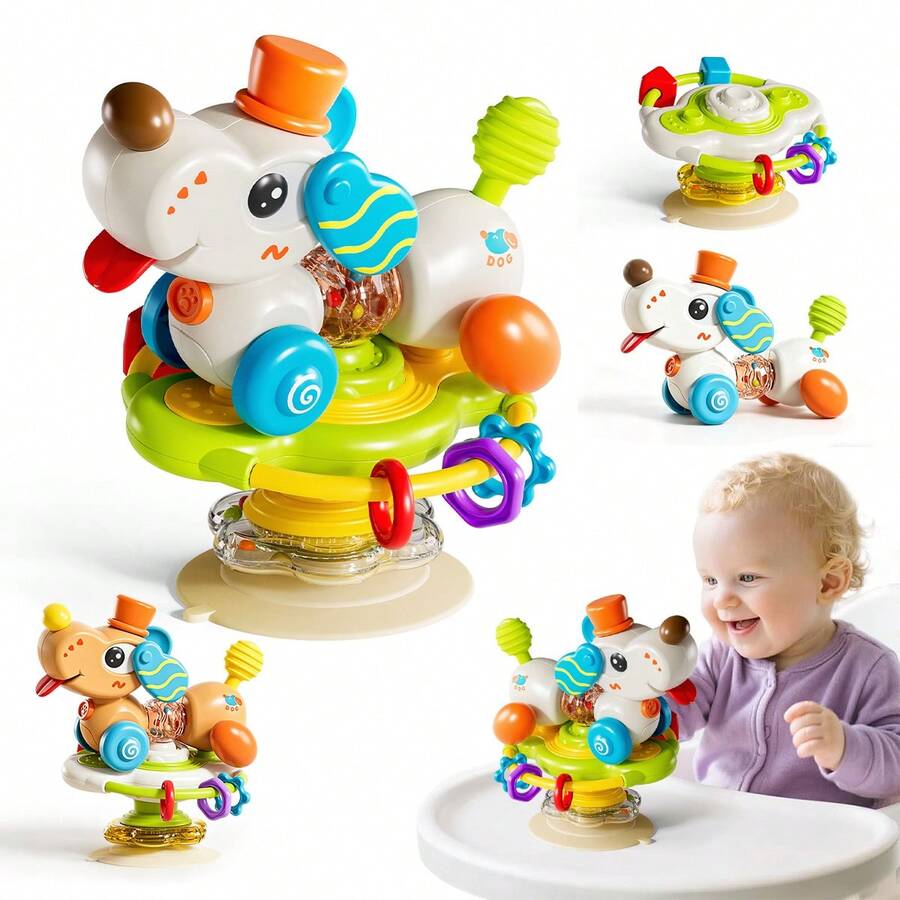 UINLE Baby Baby Highchair Suction Cup Spinning Toy, Multifunctional Puppy Shaped Feeding Assistant, Baby Tabletop Rattle, Sensory Developmental Toy - Multicolor - View 1