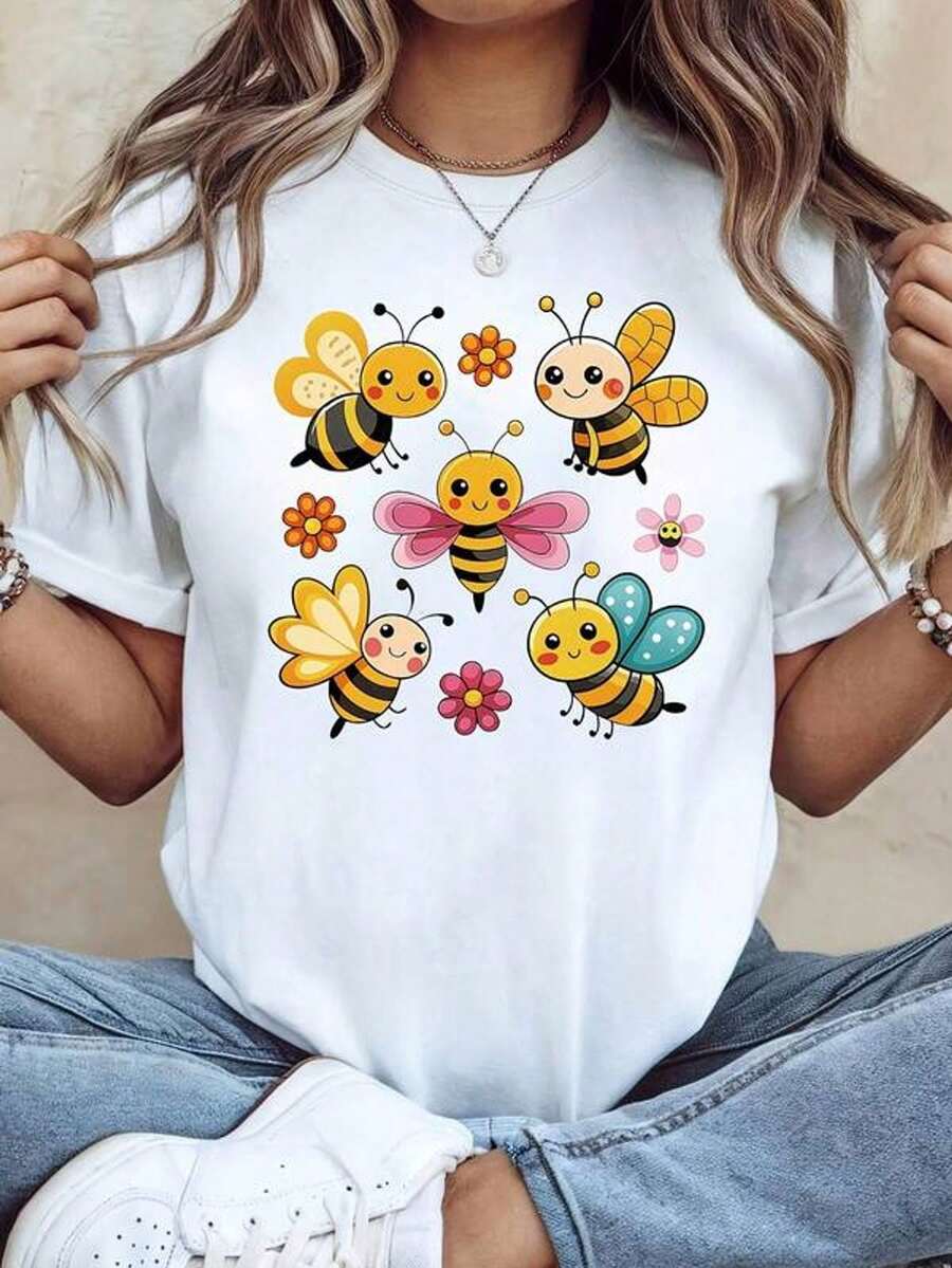 Camiseta casual de manga corta con cuello redondo y estampado para mujer Diseño de Abejas y Flores Adorables S-3XL moda, cómodo y transpirable uni lavable a máquina