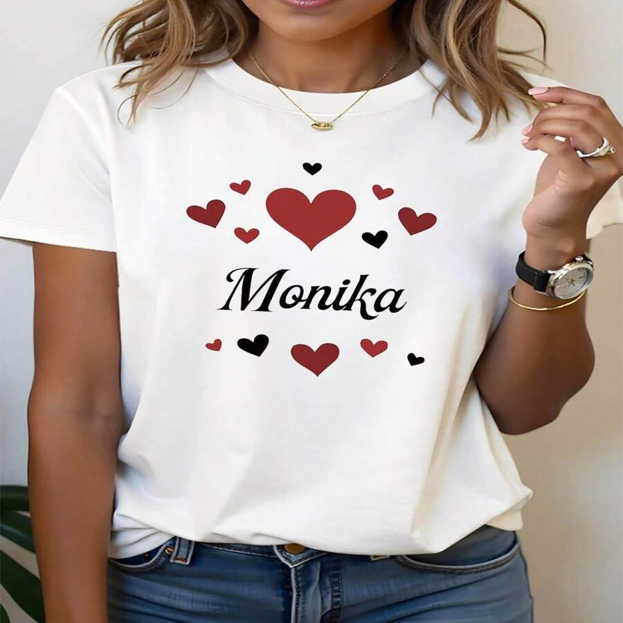 Monika Custom Print Cotton Short Sleeve Round Neck T-Shirt for Women Casual and Elegant Style - Blanco - Ver 1