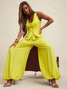 Women's Set (Top And Pants) Vest-Style Top With V-Neck And Button Closure, High-Waisted Fitted Pants With Pleats, Suitable For Office, Business, Casual, Brunch, Church, Autumn And Winter, Suitable For Office Attire - 黃色 - 查看 1