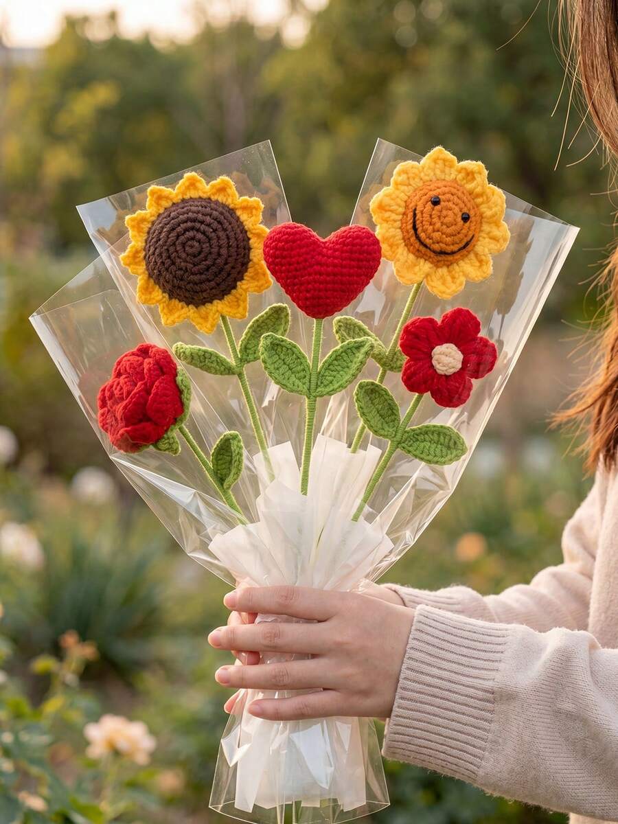 1pc Artificial Flowers Crochet Flower Bouquet, Rose Sunflower Cupcake Flower Animal Head Bouquet, Mother's Day, Graduation Party, Graduation Season,Birthday, Teacher's Day Gift,Packaging Ribbon Finished Real Dried Flower Bouquet - Multicolor - View 1