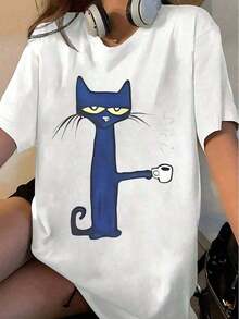 1 pieza de camiseta de manga corta de algodón puro estampada de 180 g, 100% algodón puro, con el diseño gráfico "Pete Cat And Coffee Women's Short Sleeve Graphic". Una blusa de mujer adecuada para primavera y verano. Camiseta Deportiva Retro Estilo Urbano Y2K. Camiseta casual de cuello redondo, adecuada para ropa de mujer y blusas de primavera y verano. Camisetas de Algodón Unisex, Estilo Minimalista, Camiseta Casual, Camiseta Estampada, Camiseta Casual de Manga Corta y Cuello Redondo, Tela Suave y Transpirable para Fiestas y Regalos. - Blanco - Ver 5