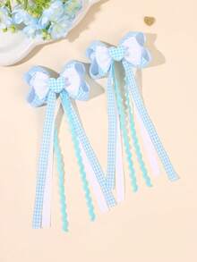 2 piezas Clips para el cabello con lazo y borla a cuadros azul/rosa/amarillo con decoración de corazón, clips de caimán, accesorios para el cabello estilo campus dulce para niñas, adecuados para vacaciones, uso diario, primer día de regreso a la escuela, suministros para niñas, regalos para niñas, accesorios para el cabello de niñas - Celeste - Ver 3