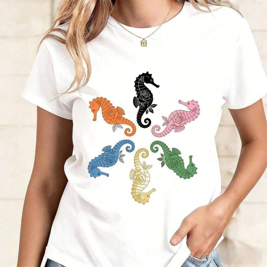 Women's Clothing Minimalist Seahorse And Flower Print Short Sleeve T-Shirt For Women, Boho Style, Ocean Lovers, Women's Shirts - 白色 - 查看 1
