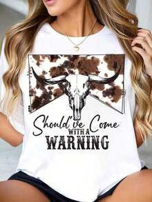 Women's Round Neck T-Shirt With Cow Skull And Brown Spot Print, Warning Text, Short Sleeve, Casual, For Everyday Wear, Summer, Cotton, Fashion - 黑色 - 查看 6