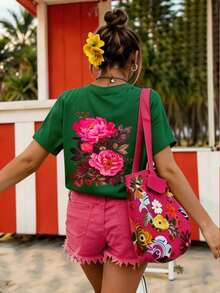 Women's Plus Size Short Sleeve T-Shirt With Round Neck, Loose Fit, Casual - 深綠色 2 - 查看 7