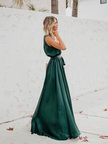 Women's Elegant Bohemian Maxi Dress, Plain V-Neck Sleeveless High Slit Full Skirt With Panel - 綠色 - 查看 4