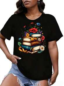 Women's Breathable Graphic T-Shirt With Stacked Books And Flowers Design, Casual Summer Floral Top, Outfit For Book Lovers, White T-Shirt, Women's Cotton T-Shirts, Premium Women's - 黑色 - 查看 6