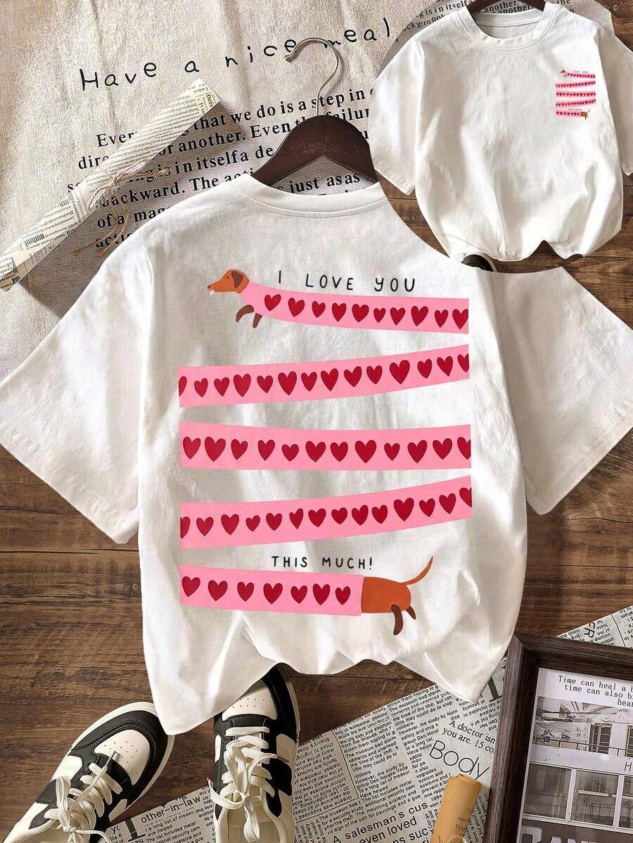 PUPPY LOVE Camiseta con Estampado de Dachshund, Camiseta Casual de Manga Corta con Cuello Redondo para Mujer, Ideal para Atuendos de Verano - Albaricoque claro - Ver 1
