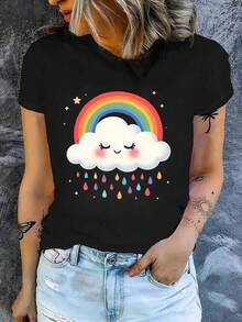 100% Algodón Premium 180g .¡Oferta Especial!Playera.Camiseta de verano con estampado creativo de nube y arcoíris, diseño casual y cómodo ideal para jóvenes y adultos, disponible en talla M y color negro, moda femenina de estilo alegre y moderno.Camiseta Streetwear Unisex Ideal para Conciertos y Regalo - Negro - Ver 1