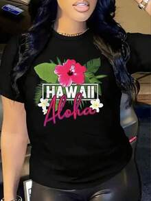 Camiseta versátilHawaiian Floral Print Women's Shirt - Soft, Breathable, Casual Summer Fashion, Featuring Vibrant Hibiscus And White Orchid Designs, Round Neck Short-Sleeve Top Suitable For Everyday Outdoor Wear,Camiseta con temática de fútbol,Ideal para el verano de chicos adolescentes,Estilo unisex apto para todas las estaciones,Disponible en tallas para adultos y niños,Top de verano para mujer,Tallas disponibles tanto para adultos como para niños - Negro - Ver 1