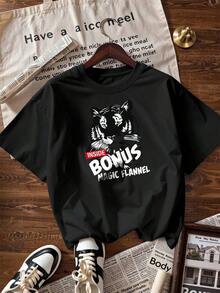 Black And White Tiger Head T-Shirt With "BONUS" Text.  Short-Sleeved T-Shirt For Spring And Summer 2026, Made In Mexico, 180 Grams. Cartoon Print, Couple Design, Suitable For Indoor Or Outdoor Wear. Crew Neck, Unisex, Ideal For Office And Leisure. One-Pack. - BK-P631577SLNDXZGY647 - 查看 4