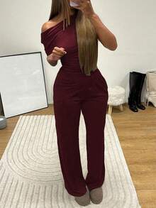 New Women's Summer Outfit, Minimalist And Elegant Style, Short Sleeves, Long Pants, Flattering Design, Cool, Versatile, Perfect For Office, Daytime Looks, Walks And Everyday Wear - 酒紅色 - 查看 2