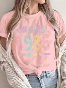 1pc Camiseta Vintage para Mujer "1986 Original" Estampado Arcoíris - Top Casual Estética Pastel, Primavera/Verano Lavable a Máquina, Oferta Limitada - Regalo de Cumpleaños para Ella, Moda Nostálgica, Tela de Alta Calidad - Rosa Pálido - Ver 6