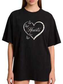Women's Premium Quality Casual Fashion Basic T-Shirt With Round Neck, Sizes S-2XL, 100% Solid Color, With Black And White Heart And Butterfly Design, Suitable For Family And Couple Outfits, Ideal For Spring And Summer Wear, Best Mother's Day Gift, Perfect Gift For Mom, Friendly,  Gift. - 黑色 - 查看 1