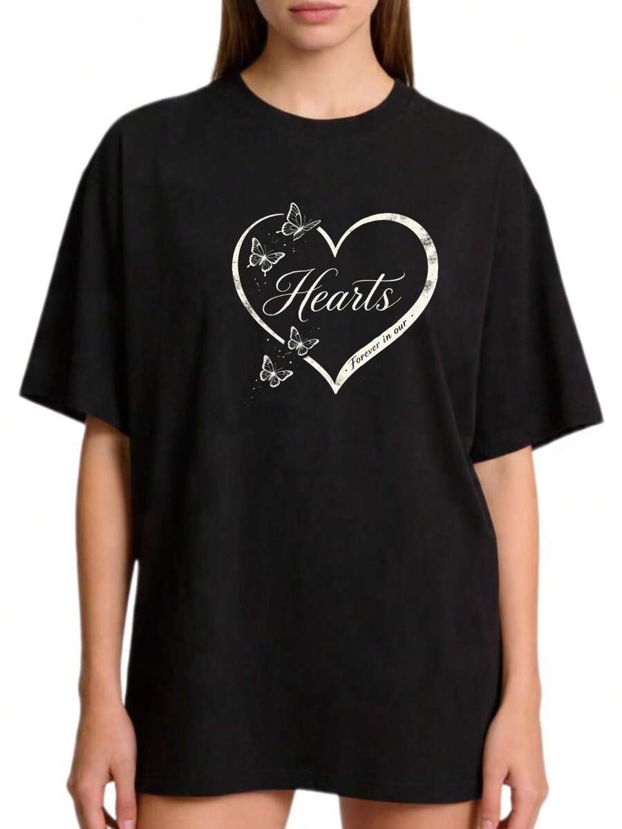 Women's Premium Quality Casual Fashion Basic T-Shirt With Round Neck, Sizes S-2XL, 100% Solid Color, With Black And White Heart And Butterfly Design, Suitable For Family And Couple Outfits, Ideal For Spring And Summer Wear, Best Mother's Day Gift, Perfect Gift For Mom, Friendly, Gift. - 黑色 - 查看 1